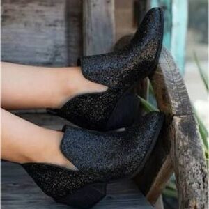 Corkys Black Glitter Ankle Booties with Chunky Heel
